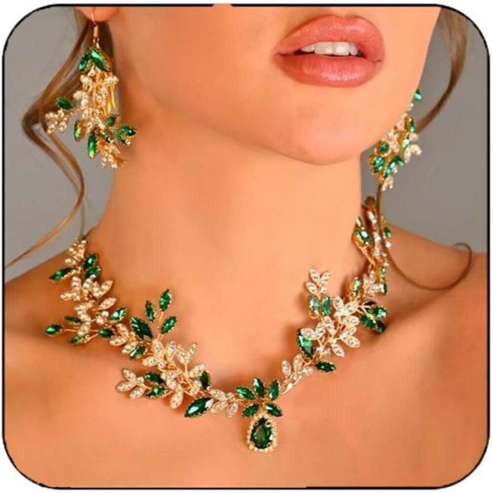 Elegant Green Crystal Floral Necklace and Earring Set – Glamorous Bridal Formal